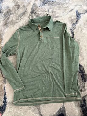 Men’s green long sleeve polo with brown stitching